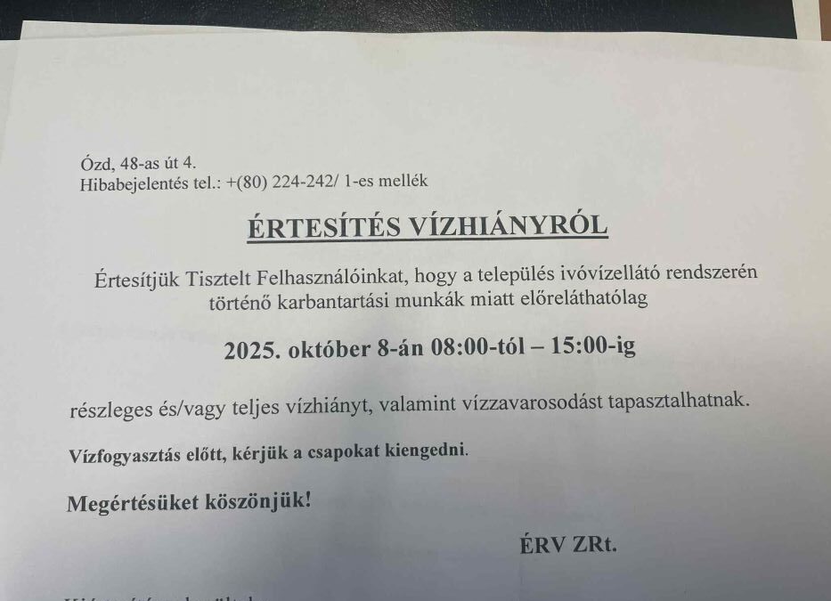 Értesítés Vízhiányról (Október 8)