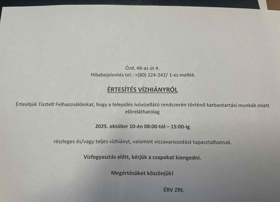 Értesítés Vízhiányról (Október 10)