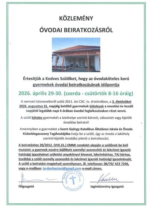 Közlemény óvodai beiratkozásról